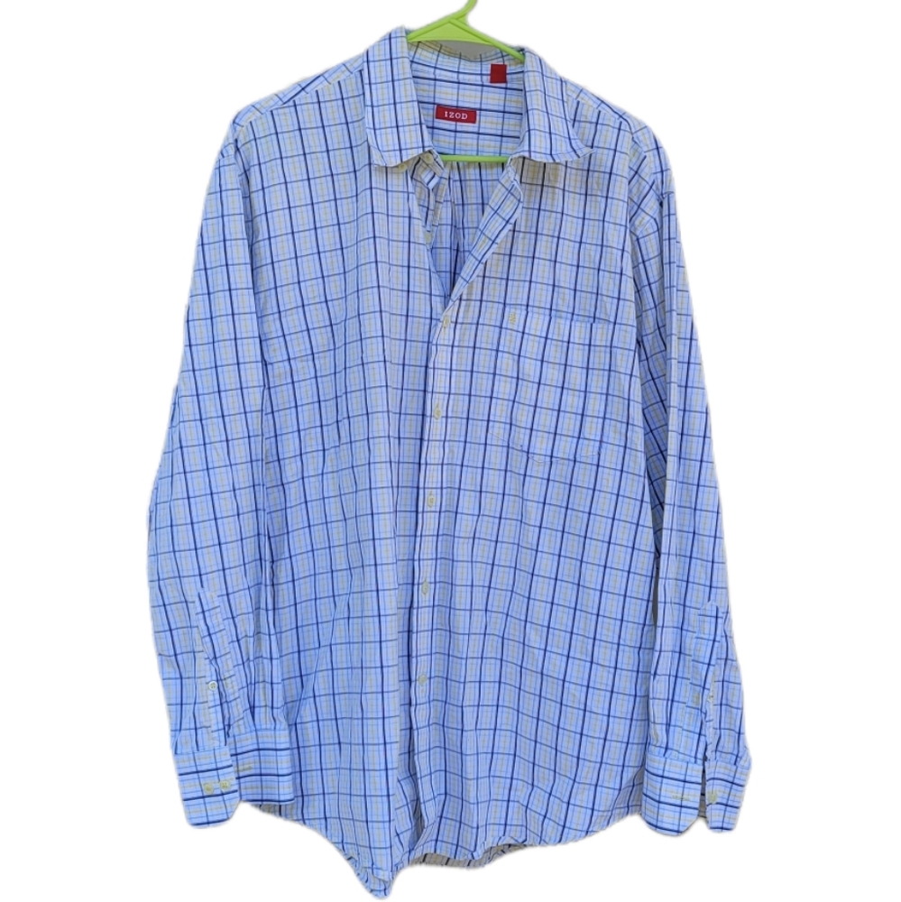 IZOD Mens Navy Yellow Plaid Button Down Longsleeve Shirt L